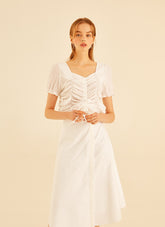 Short Sleeve Ruched Front Linen Blouse With Sweetheart Neckline And Drawstring Detail
