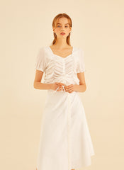 Short Sleeve Ruched Front Linen Blouse With Sweetheart Neckline And Drawstring Detail