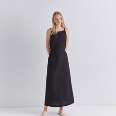 Black Linen Sleeveless Midi Dress with Slim Straps, Back Slit, and Tie Waist for Summer Elegance