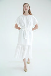 Short-Sleeve Linen Midi Dress With Waist Tie and Open Back Bow Detail