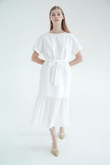 Short-Sleeve Linen Midi Dress With Waist Tie and Open Back Bow Detail