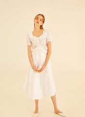 Short Sleeve Ruched Front Linen Blouse With Sweetheart Neckline And Drawstring Detail