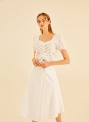 Short Sleeve Ruched Front Linen Blouse With Sweetheart Neckline And Drawstring Detail