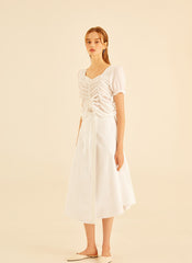 Short Sleeve Ruched Front Linen Blouse With Sweetheart Neckline And Drawstring Detail