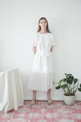 Short-Sleeve Linen Midi Dress With Waist Tie and Open Back Bow Detail