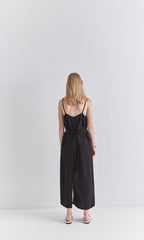 Black Linen Sleeveless Midi Dress with Slim Straps, Back Slit, and Tie Waist for Summer Elegance