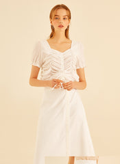 Short Sleeve Ruched Front Linen Blouse With Sweetheart Neckline And Drawstring Detail