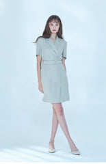 Short-Sleeve Double-Breasted Linen Dress With Tailored Fit And Waist Belt Detail