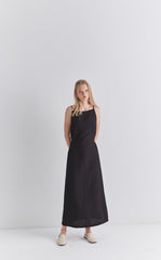Black Linen Sleeveless Midi Dress with Slim Straps, Back Slit, and Tie Waist for Summer Elegance