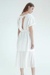Short-Sleeve Linen Midi Dress With Waist Tie and Open Back Bow Detail