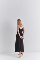 Black Linen Sleeveless Midi Dress with Slim Straps, Back Slit, and Tie Waist for Summer Elegance