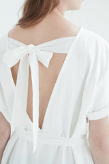 Short-Sleeve Linen Midi Dress With Waist Tie and Open Back Bow Detail