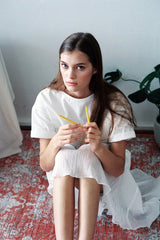 Short-Sleeve Linen Midi Dress With Waist Tie and Open Back Bow Detail