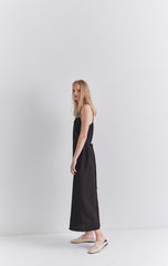 Black Linen Sleeveless Midi Dress with Slim Straps, Back Slit, and Tie Waist for Summer Elegance