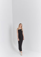 Black Linen Sleeveless Midi Dress with Slim Straps, Back Slit, and Tie Waist for Summer Elegance