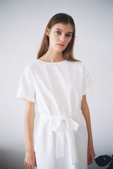 Short-Sleeve Linen Midi Dress With Waist Tie and Open Back Bow Detail