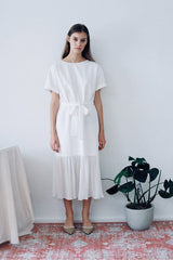 Short-Sleeve Linen Midi Dress With Waist Tie and Open Back Bow Detail