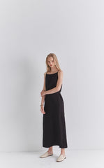 Black Linen Sleeveless Midi Dress with Slim Straps, Back Slit, and Tie Waist for Summer Elegance