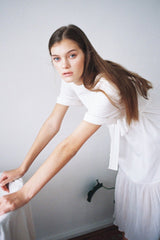 Short-Sleeve Linen Midi Dress With Waist Tie and Open Back Bow Detail