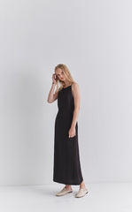 Black Linen Sleeveless Midi Dress with Slim Straps, Back Slit, and Tie Waist for Summer Elegance