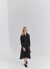 Black Linen Wrap Midi Dress with Long Sleeves, Collared Neckline, and Side Tie Detail