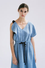Asymmetric One-Shoulder Linen Dress with Contrast Ribbon Detail and Elastic Waist