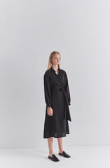 Black Linen Wrap Midi Dress with Long Sleeves, Collared Neckline, and Side Tie Detail