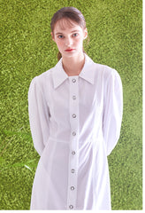 Button-Front Linen Shirt Dress With Puff Sleeves And Structured A-Line Silhouette
