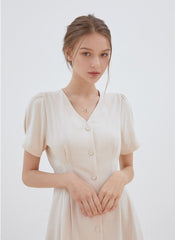 Short Sleeve Button-Front Midi Dress Made from Premium Linen with Flattering Tailored Fit