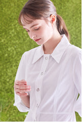 Button-Front Linen Shirt Dress With Puff Sleeves And Structured A-Line Silhouette