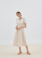 Short Sleeve Button-Front Midi Dress Made from Premium Linen with Flattering Tailored Fit