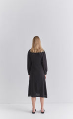 Black Linen Wrap Midi Dress with Long Sleeves, Collared Neckline, and Side Tie Detail