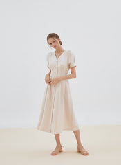 Short Sleeve Button-Front Midi Dress Made from Premium Linen with Flattering Tailored Fit