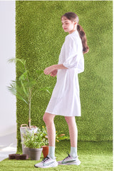 Button-Front Linen Shirt Dress With Puff Sleeves And Structured A-Line Silhouette