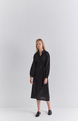 Black Linen Wrap Midi Dress with Long Sleeves, Collared Neckline, and Side Tie Detail
