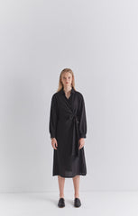 Black Linen Wrap Midi Dress with Long Sleeves, Collared Neckline, and Side Tie Detail