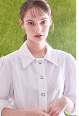 Button-Front Linen Shirt Dress With Puff Sleeves And Structured A-Line Silhouette