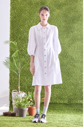 Button-Front Linen Shirt Dress With Puff Sleeves And Structured A-Line Silhouette