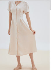 Short Sleeve Button-Front Midi Dress Made from Premium Linen with Flattering Tailored Fit