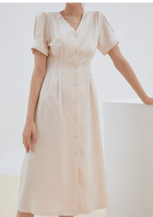 Short Sleeve Button-Front Midi Dress Made from Premium Linen with Flattering Tailored Fit