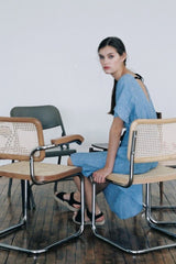 Asymmetric One-Shoulder Linen Dress with Contrast Ribbon Detail and Elastic Waist