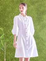 Button-Front Linen Shirt Dress With Puff Sleeves And Structured A-Line Silhouette