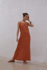 Sleeveless Linen Maxi Dress with Square Neckline and Back Slit for Warm Weather Styling