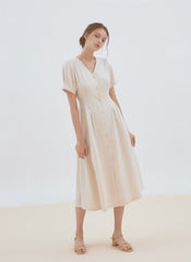 Short Sleeve Button-Front Midi Dress Made from Premium Linen with Flattering Tailored Fit