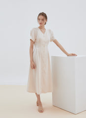 Short Sleeve Button-Front Midi Dress Made from Premium Linen with Flattering Tailored Fit
