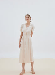 Short Sleeve Button-Front Midi Dress Made from Premium Linen with Flattering Tailored Fit
