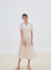 Short Sleeve Button-Front Midi Dress Made from Premium Linen with Flattering Tailored Fit