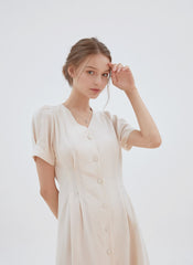 Short Sleeve Button-Front Midi Dress Made from Premium Linen with Flattering Tailored Fit