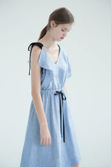 Asymmetric One-Shoulder Linen Dress with Contrast Ribbon Detail and Elastic Waist