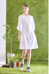 Button-Front Linen Shirt Dress With Puff Sleeves And Structured A-Line Silhouette